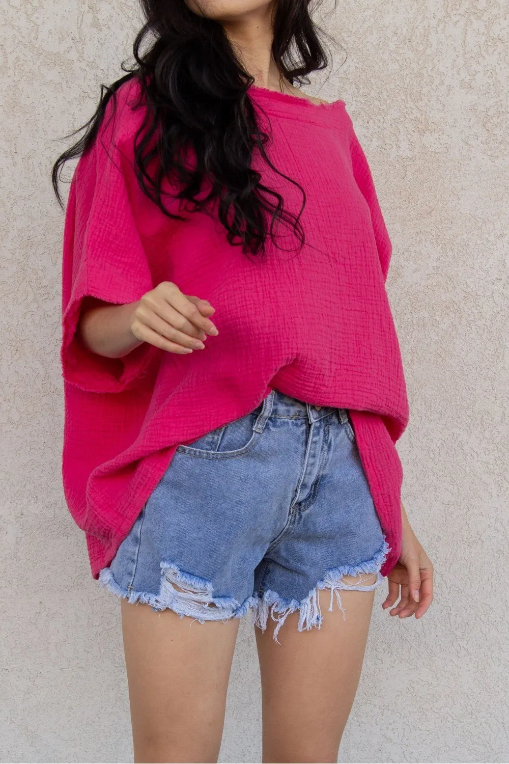 Gauze raw edge poncho top