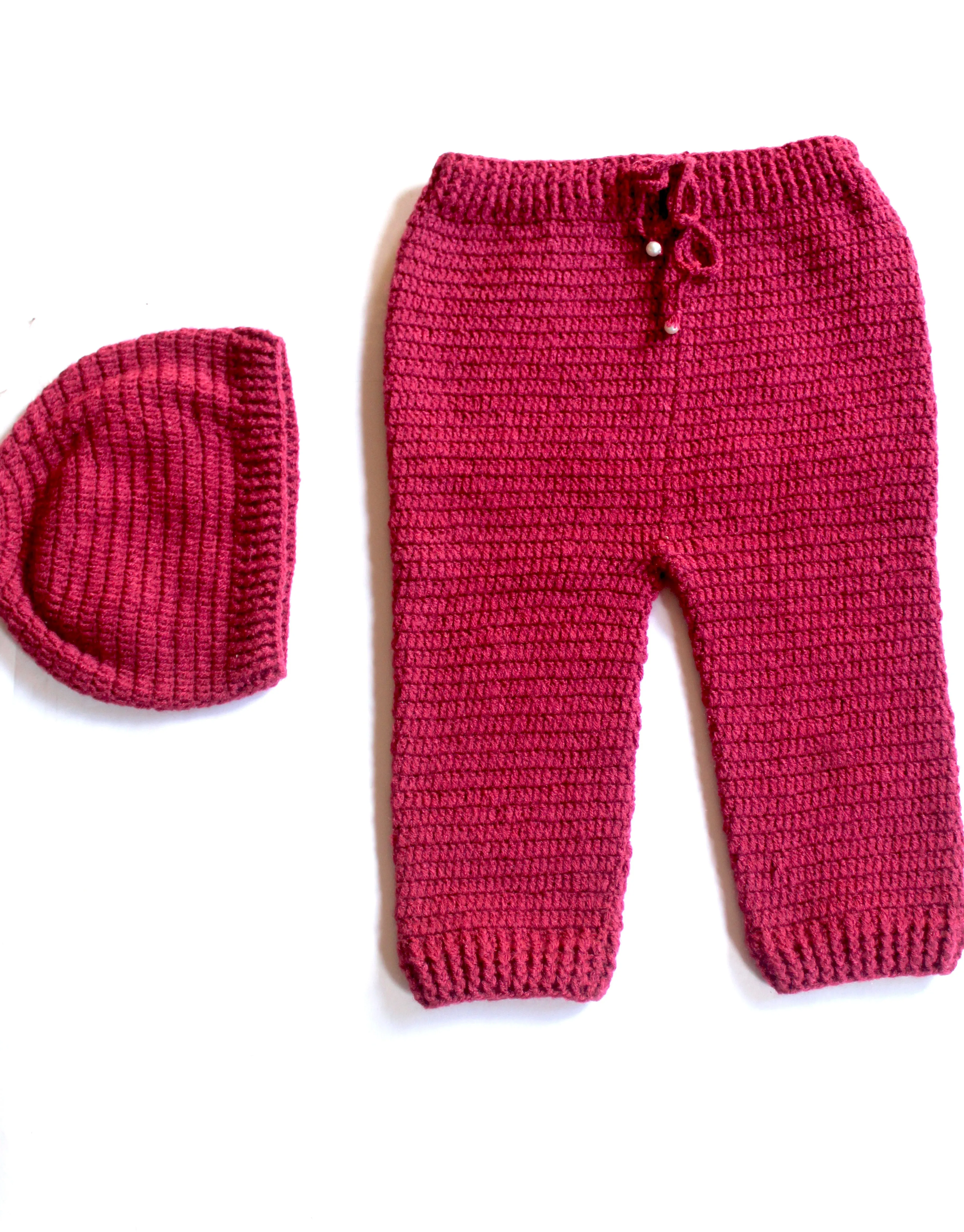 Graceful Handmade Design Sweater Set With Full Sleeve Sweater With Pant & Cap-Maroon