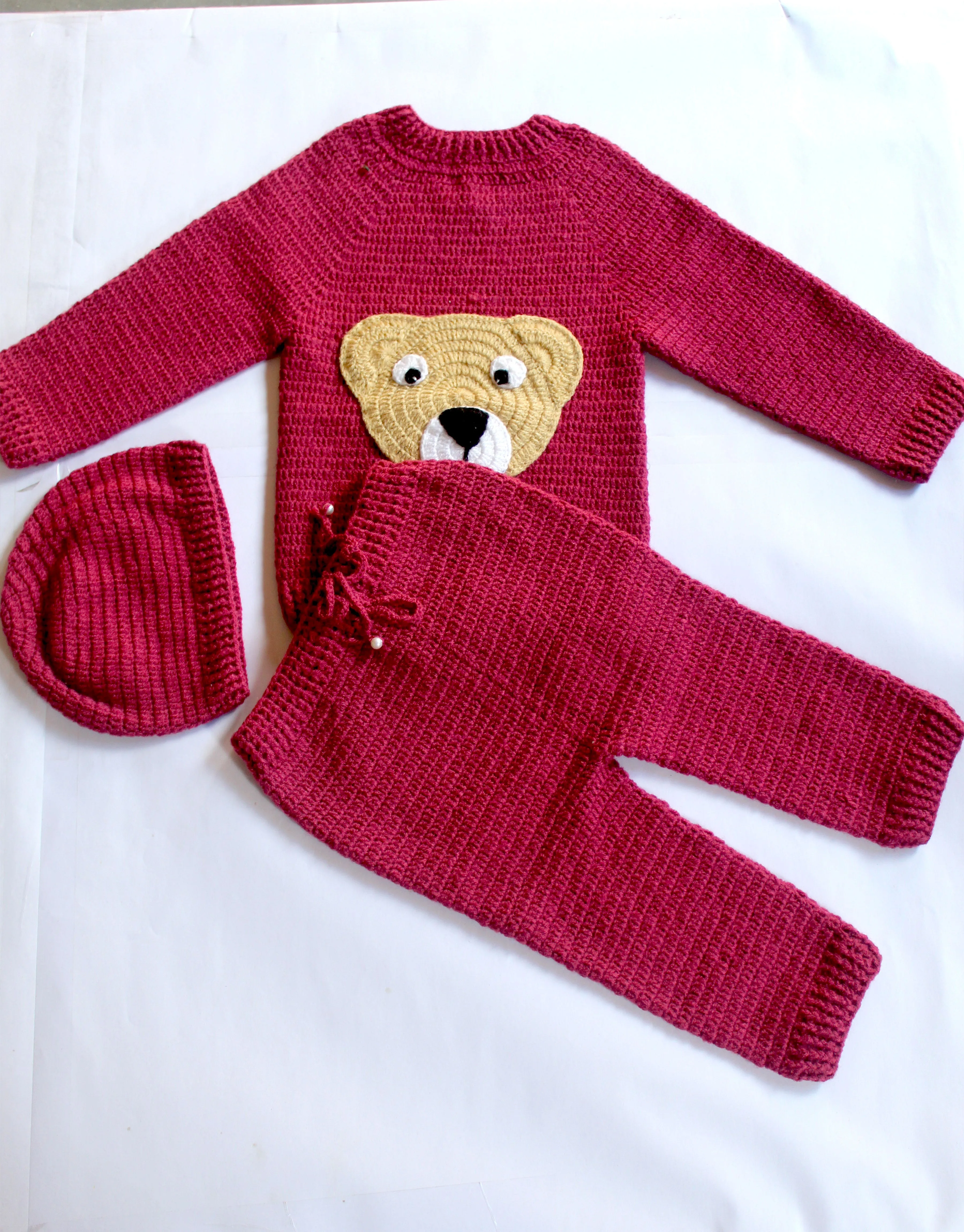 Graceful Handmade Design Sweater Set With Full Sleeve Sweater With Pant & Cap-Maroon