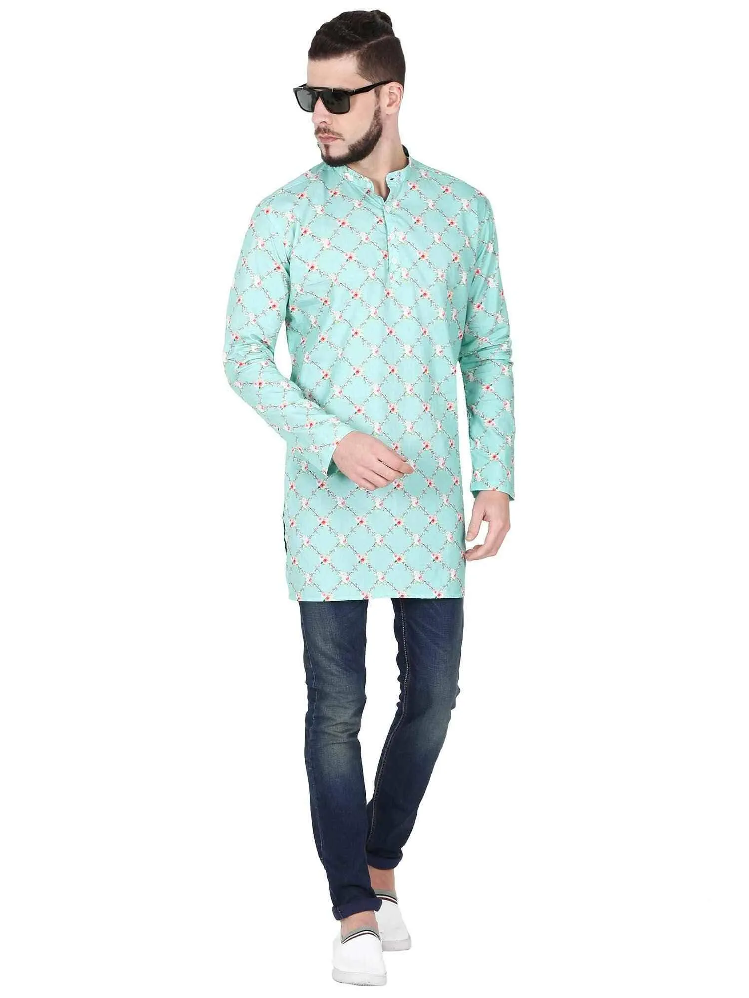 Guniaa Sky Blue Digital Printed Giza Cotton Long Kurta