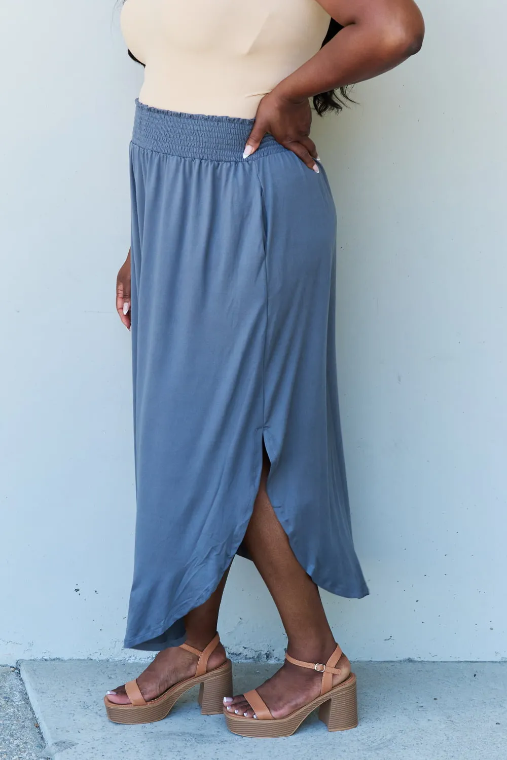 High Waist Scoop Hem Maxi Skirt in Dusty Blue