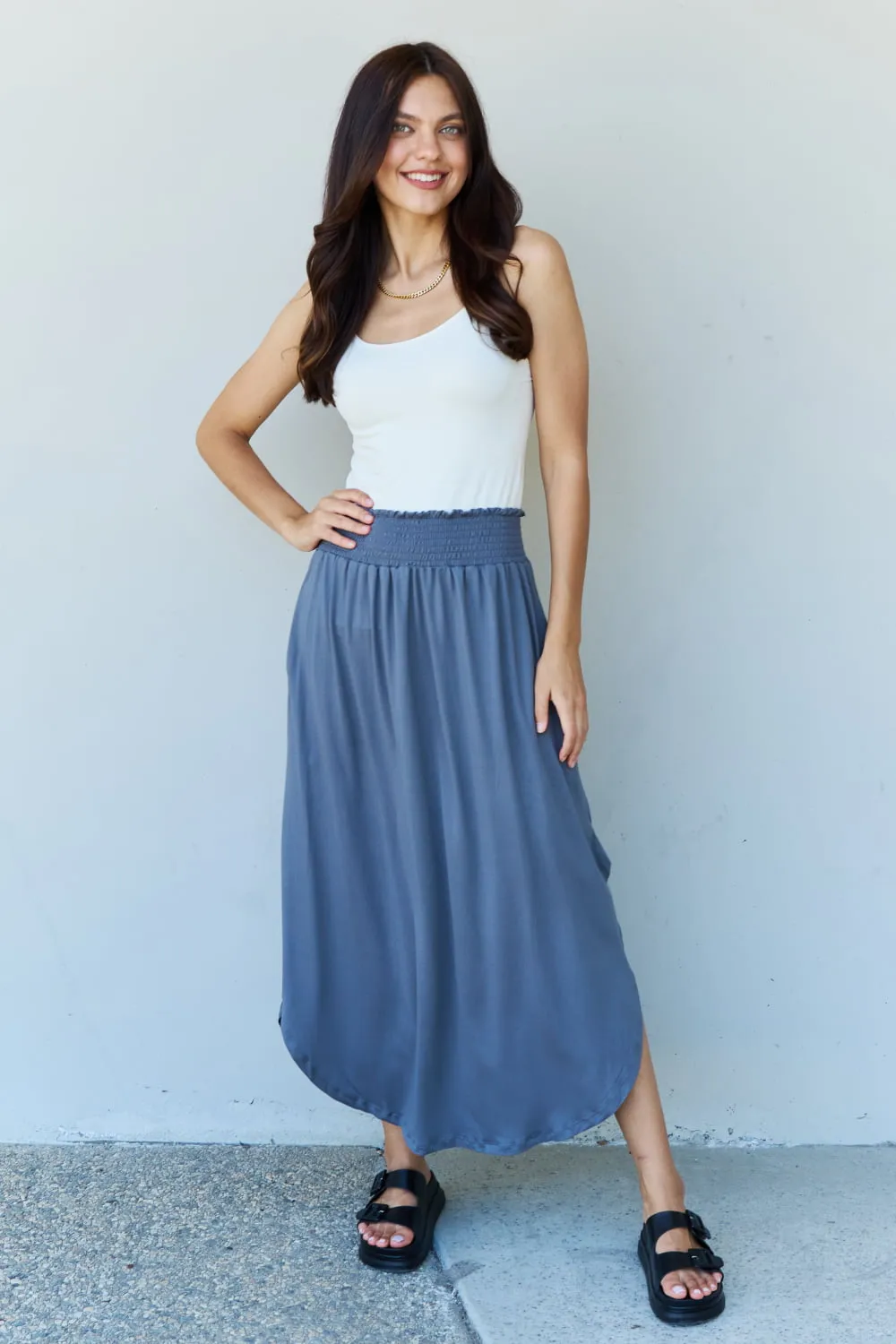 High Waist Scoop Hem Maxi Skirt in Dusty Blue