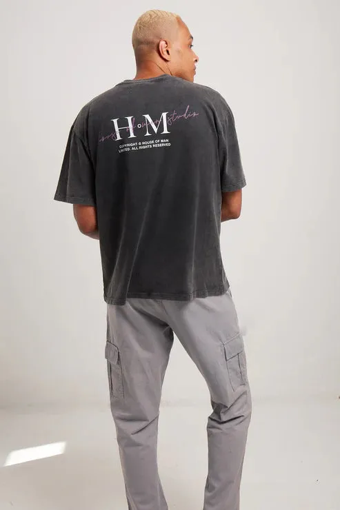 House Of Man Lilac HoM Studio T Shirt in Washed Grey