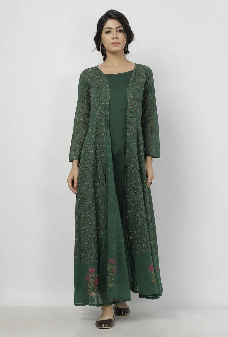 Irvin Bottle Green Floral Motif Hand Block Printed Kota Full Sleeves Cape