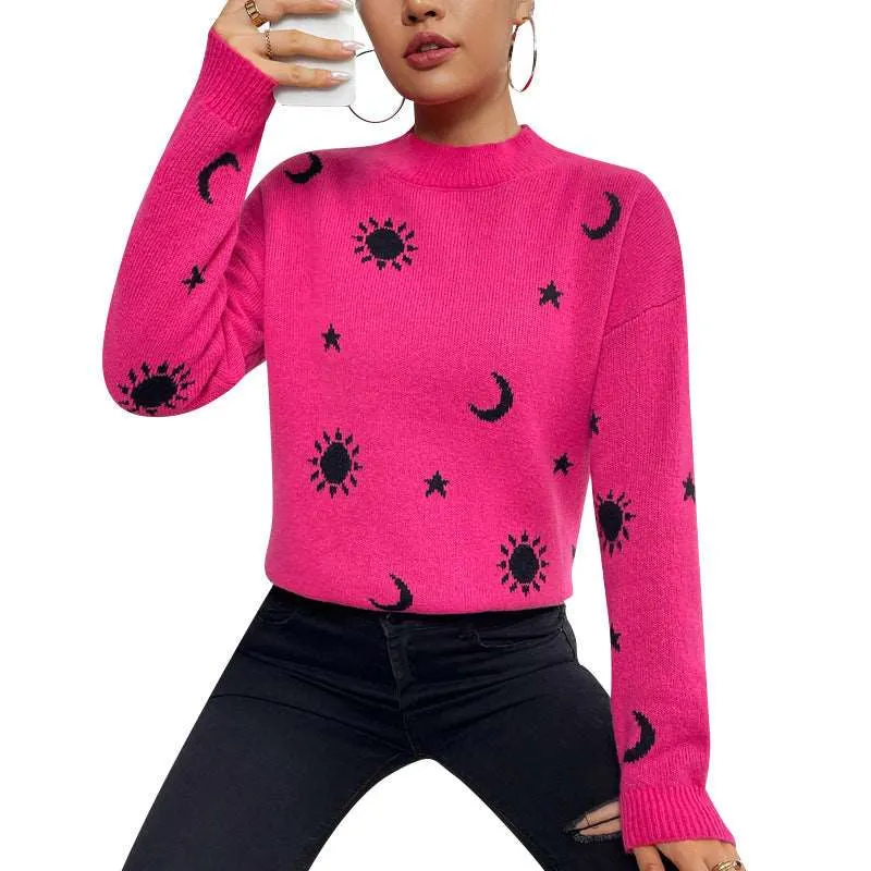 Jacquard Crewneck Pullover Knitted Sweaters For Women