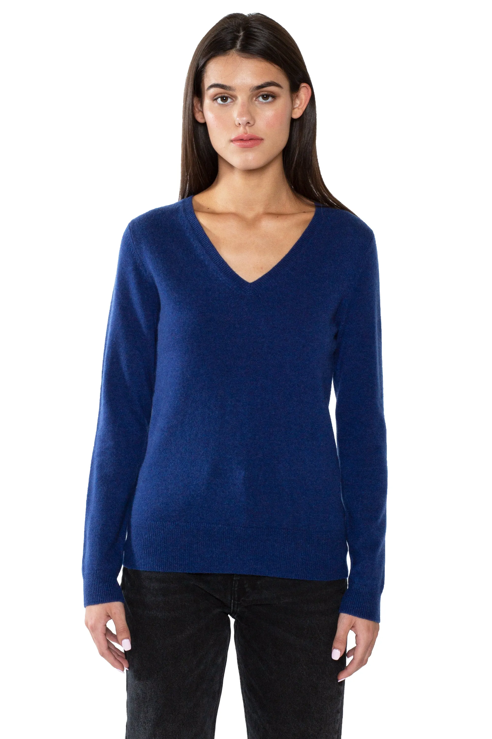 JENNIE LIU Women's 100% Pure Cashmere Long Sleeve Pullover V Neck Sweater