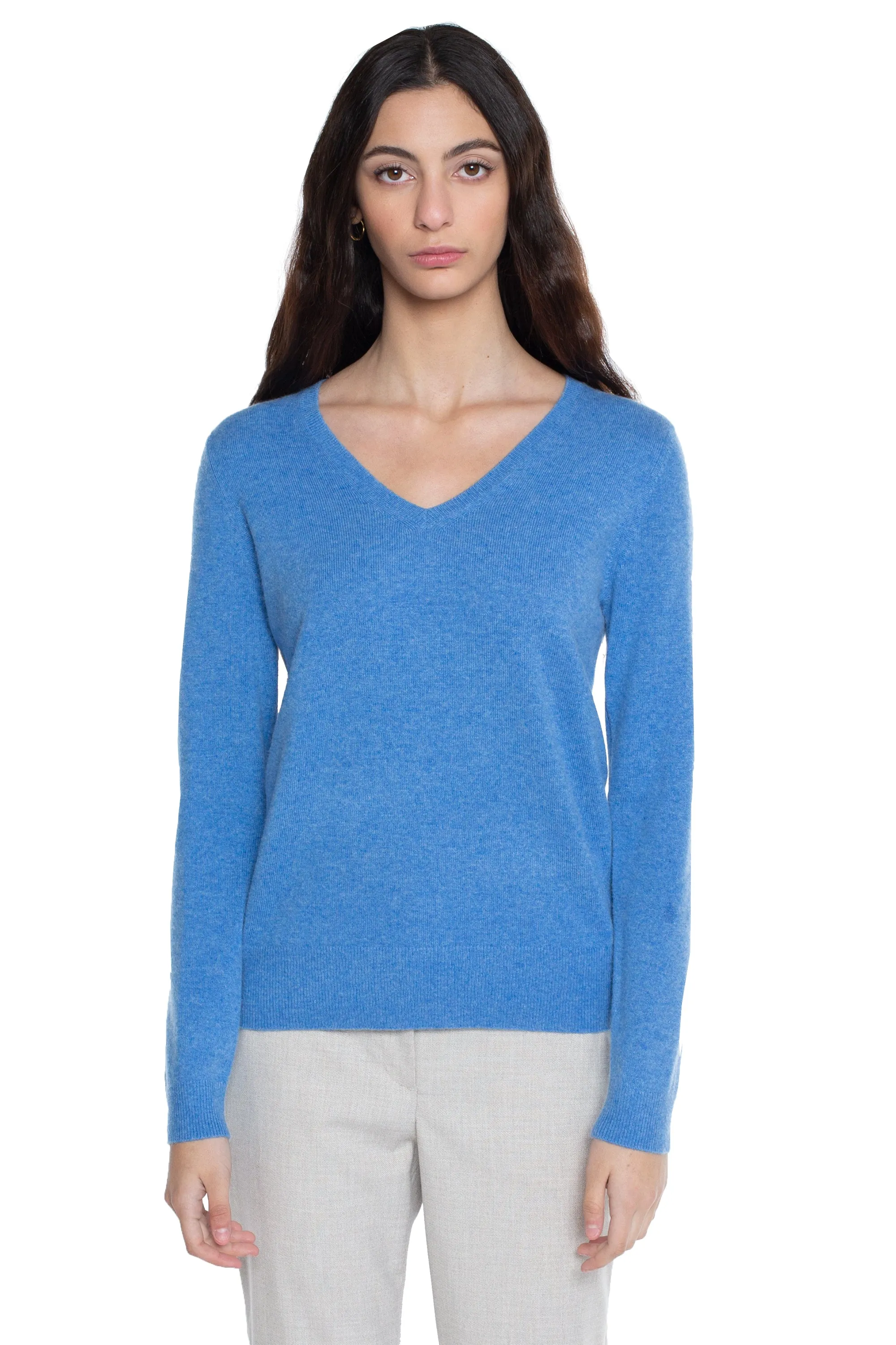 JENNIE LIU Women's 100% Pure Cashmere Long Sleeve Pullover V Neck Sweater