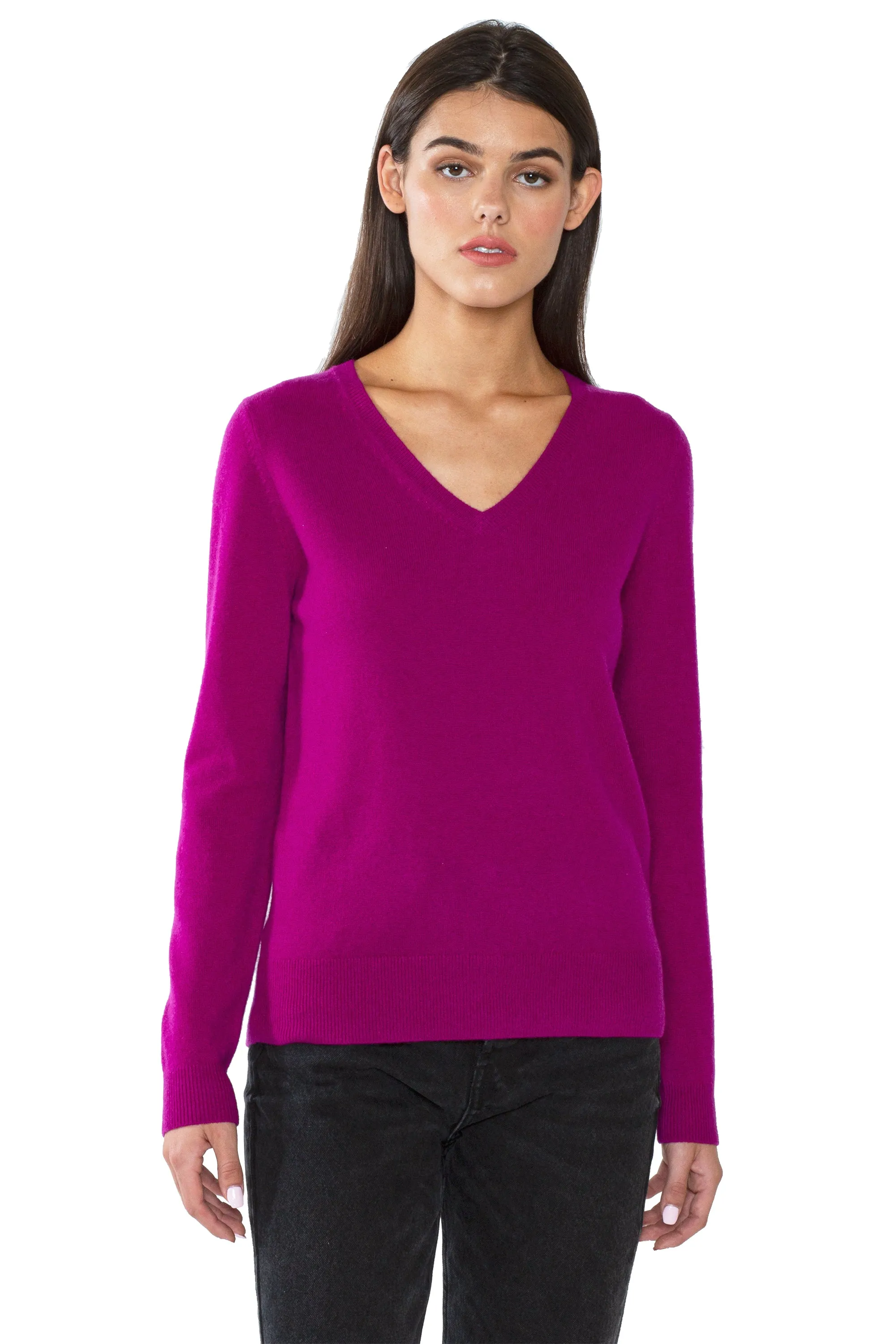 JENNIE LIU Women's 100% Pure Cashmere Long Sleeve Pullover V Neck Sweater