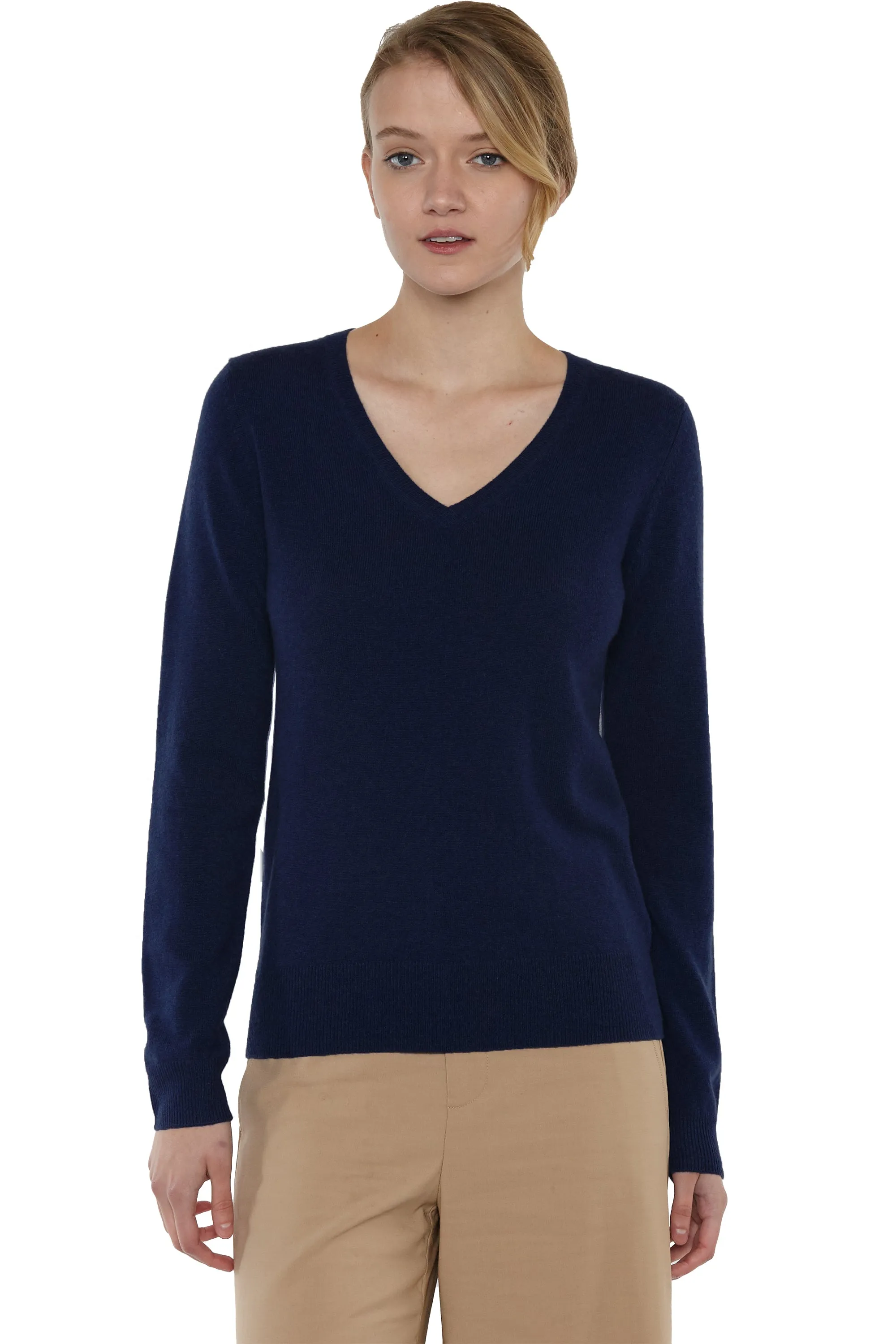 JENNIE LIU Women's 100% Pure Cashmere Long Sleeve Pullover V Neck Sweater