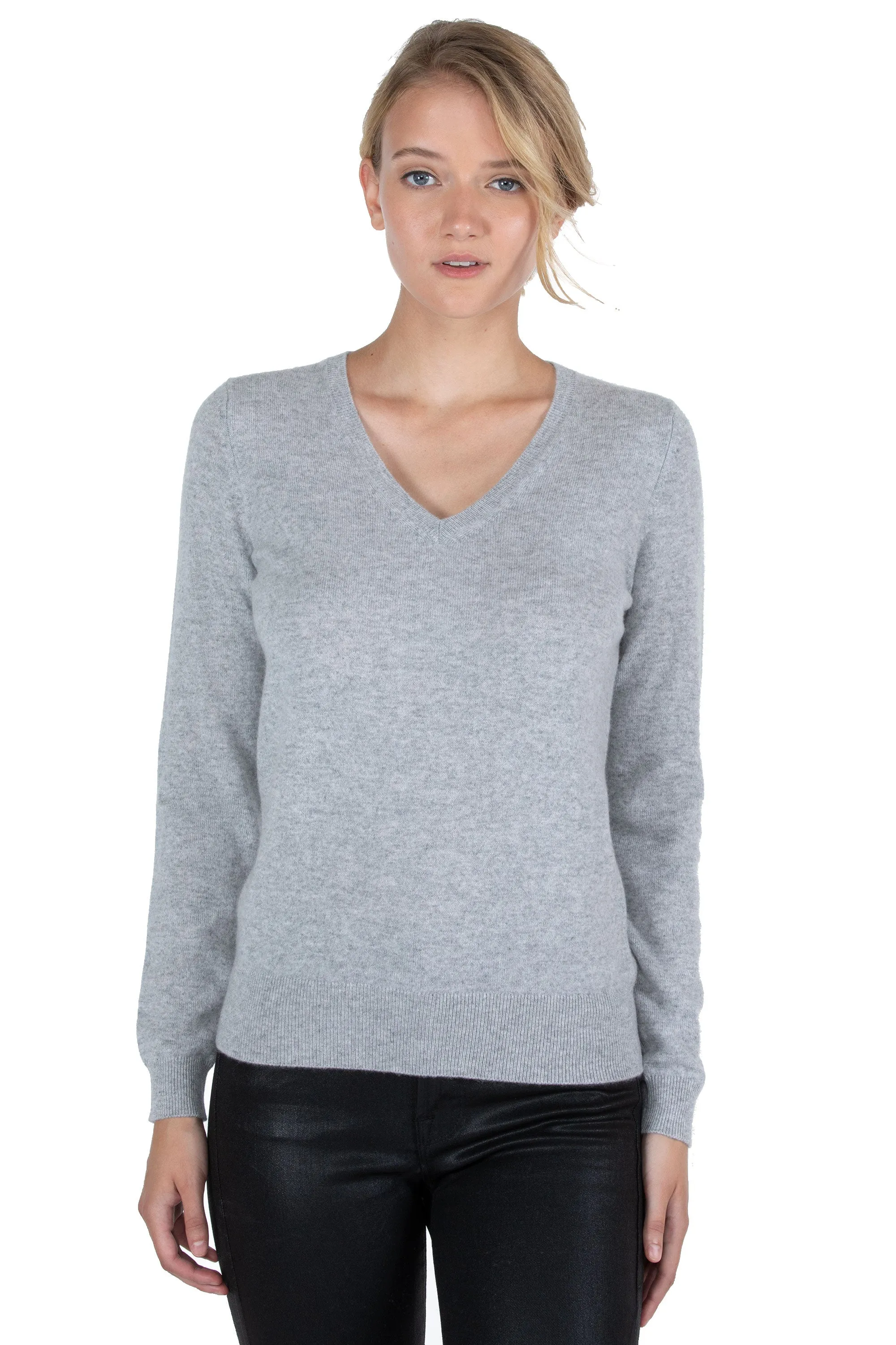 JENNIE LIU Women's 100% Pure Cashmere Long Sleeve Pullover V Neck Sweater