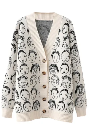 Julia Ivory Knit Cardigan with Face Patterns