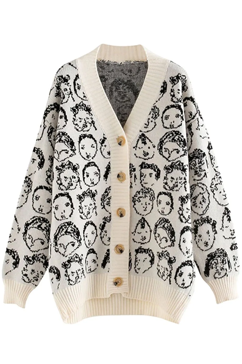 Julia Ivory Knit Cardigan with Face Patterns