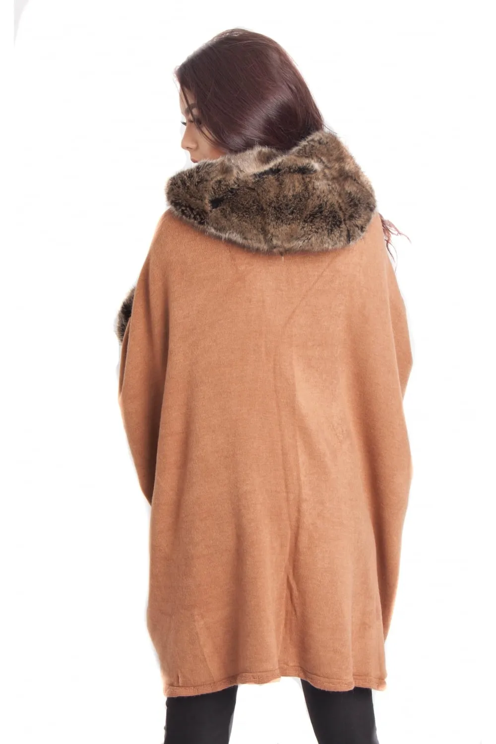 Knitted Faux Fur Trim Hooded Swing Poncho Cape