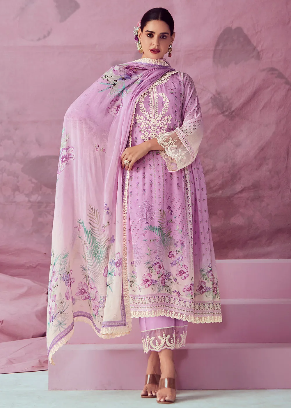 Lilac Pink Muslin Cotton Printed Trendy Salwar Kurta Set