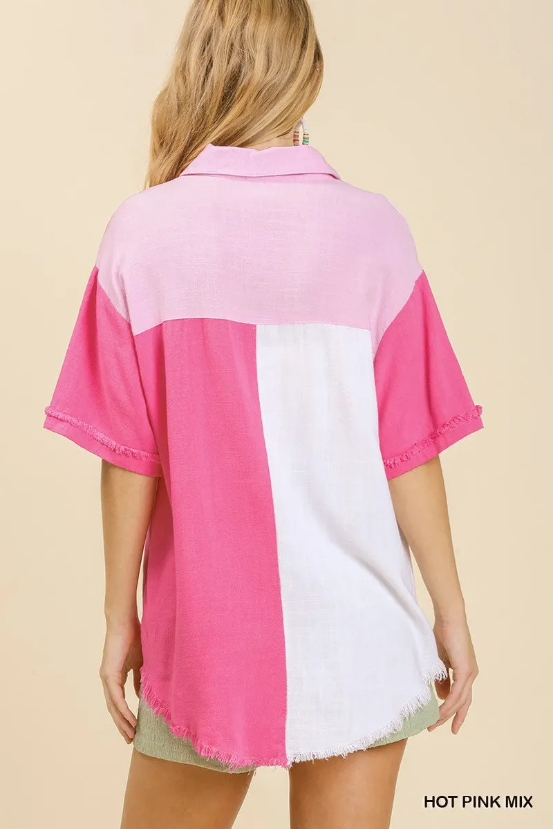 Linen Blend Color Block Gauze Button Up Short Folded Sleeve Top with Chest Pocket and Frayed Hemline