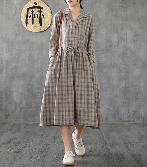 Long Sleeve Summer Spring Cotton Linen Women loose Dresses DZA20651