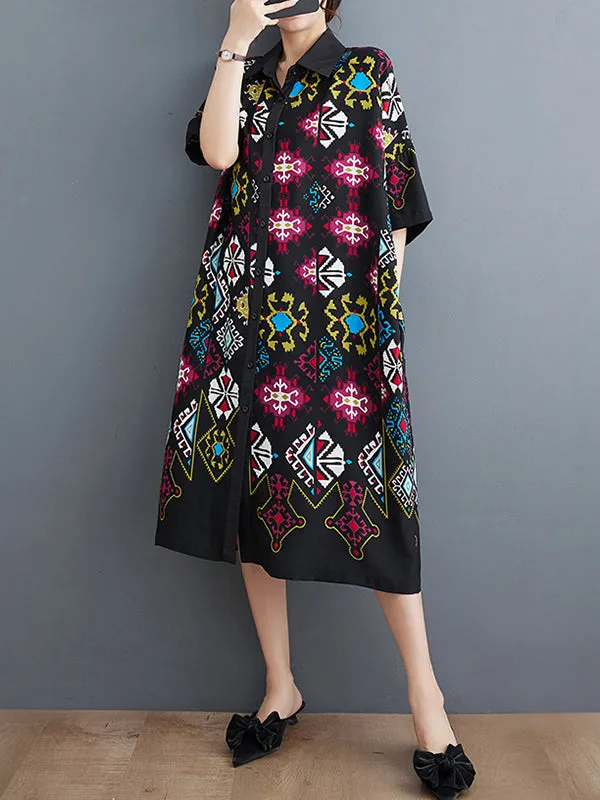 Loose Short Sleeves Ethnic Printed Lapel Midi Dresses