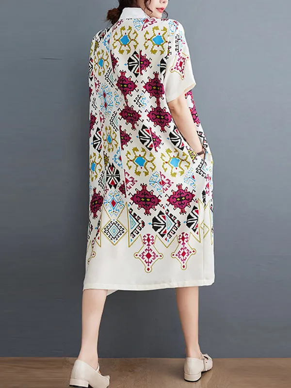 Loose Short Sleeves Ethnic Printed Lapel Midi Dresses