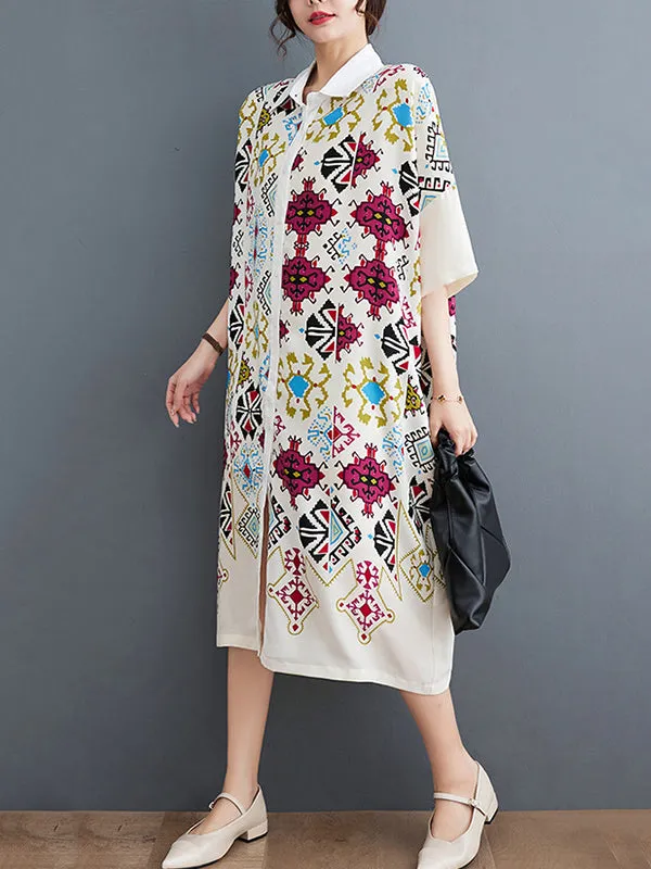 Loose Short Sleeves Ethnic Printed Lapel Midi Dresses