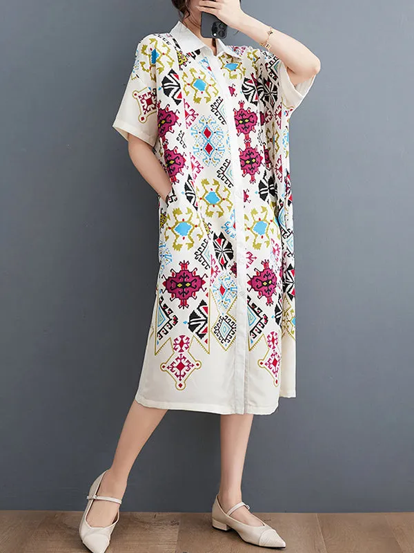 Loose Short Sleeves Ethnic Printed Lapel Midi Dresses