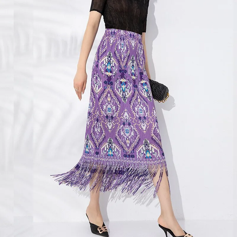 Miyake Pleated Printed Tassel A-Line Skirt