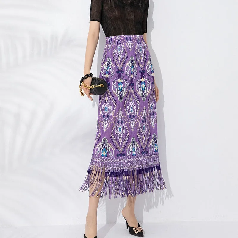 Miyake Pleated Printed Tassel A-Line Skirt