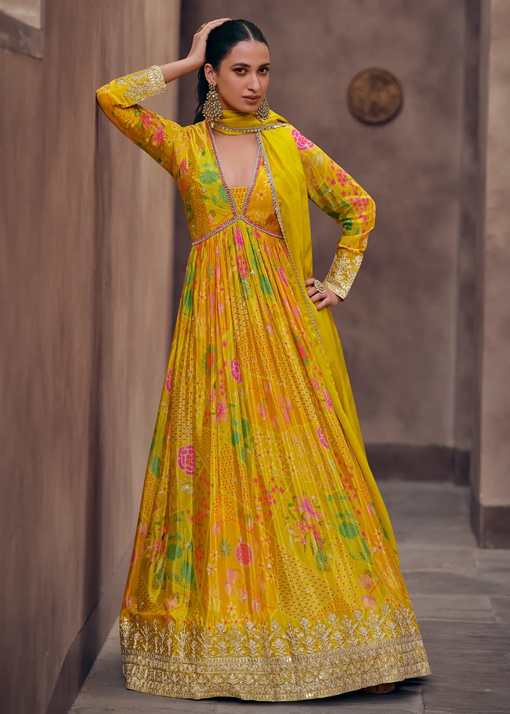 Mustard Yellow Digital Printed Designer Anarkali Gown