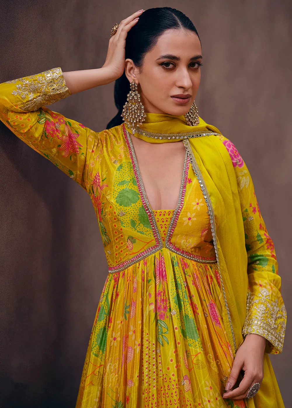 Mustard Yellow Digital Printed Designer Anarkali Gown