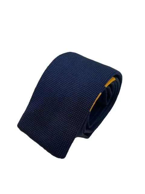 Navy Blue Knitted Tie with Double Mustard Yellow Stripes