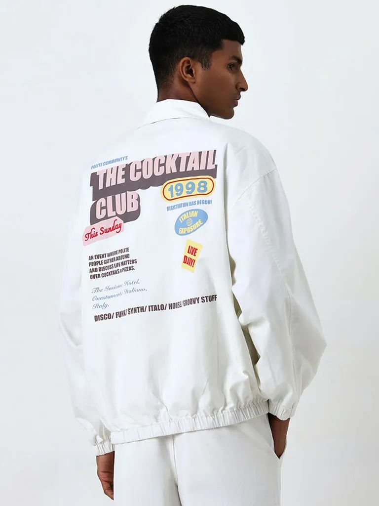 Nuon White Text Design Relaxed-Fit Cotton Jacket