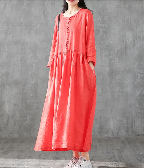 O Neck Long Sleeve Summer Spring Linen Women loose Dresses DZA05251