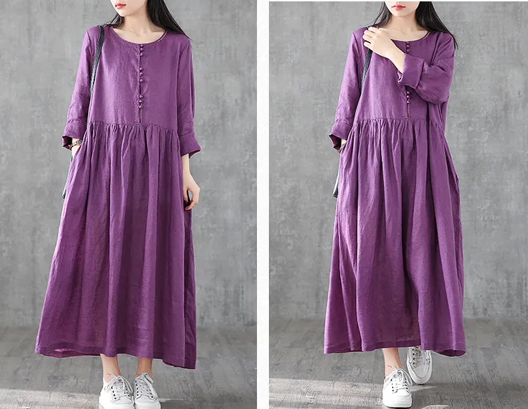 O Neck Long Sleeve Summer Spring Linen Women loose Dresses DZA05251