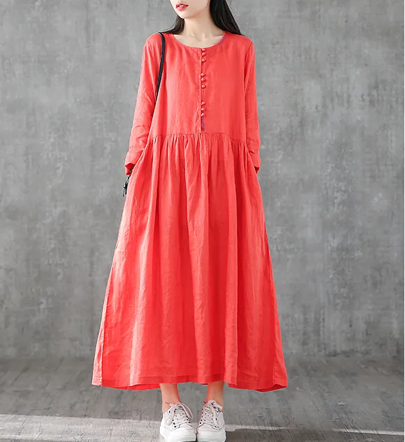 O Neck Long Sleeve Summer Spring Linen Women loose Dresses DZA05251