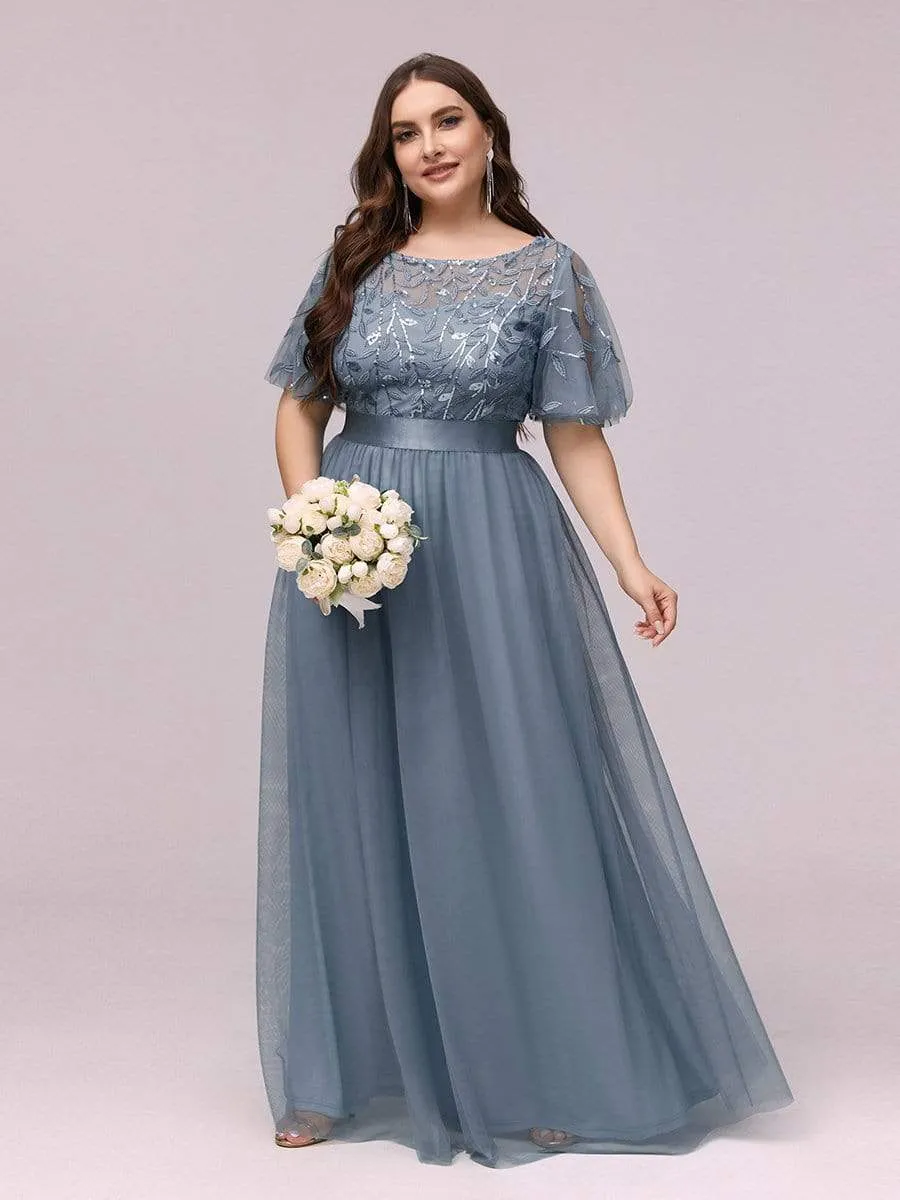 Plus Size Women's Embroidery Evening Dresses with Short Sleeve