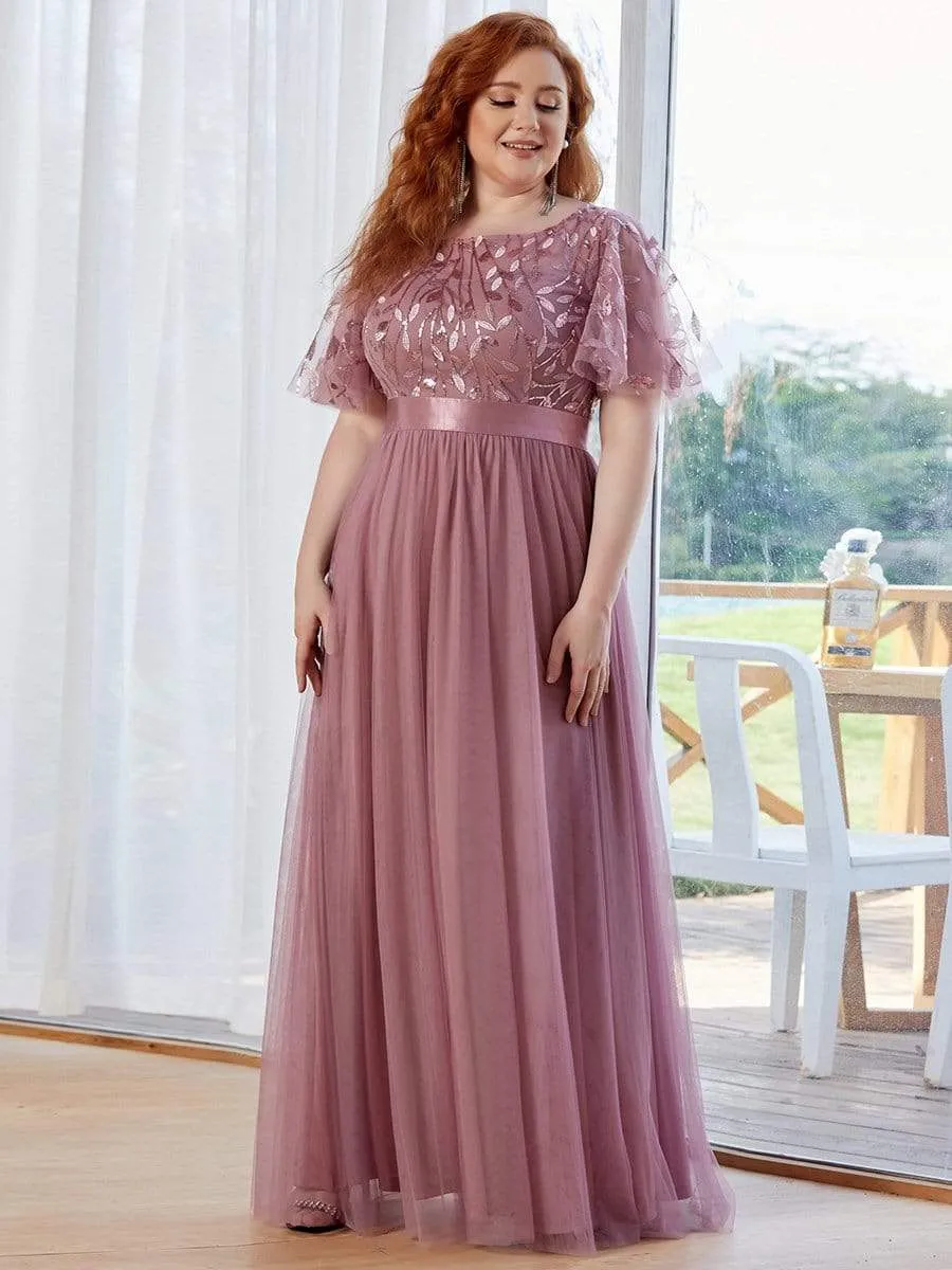 Plus Size Women's Embroidery Evening Dresses with Short Sleeve