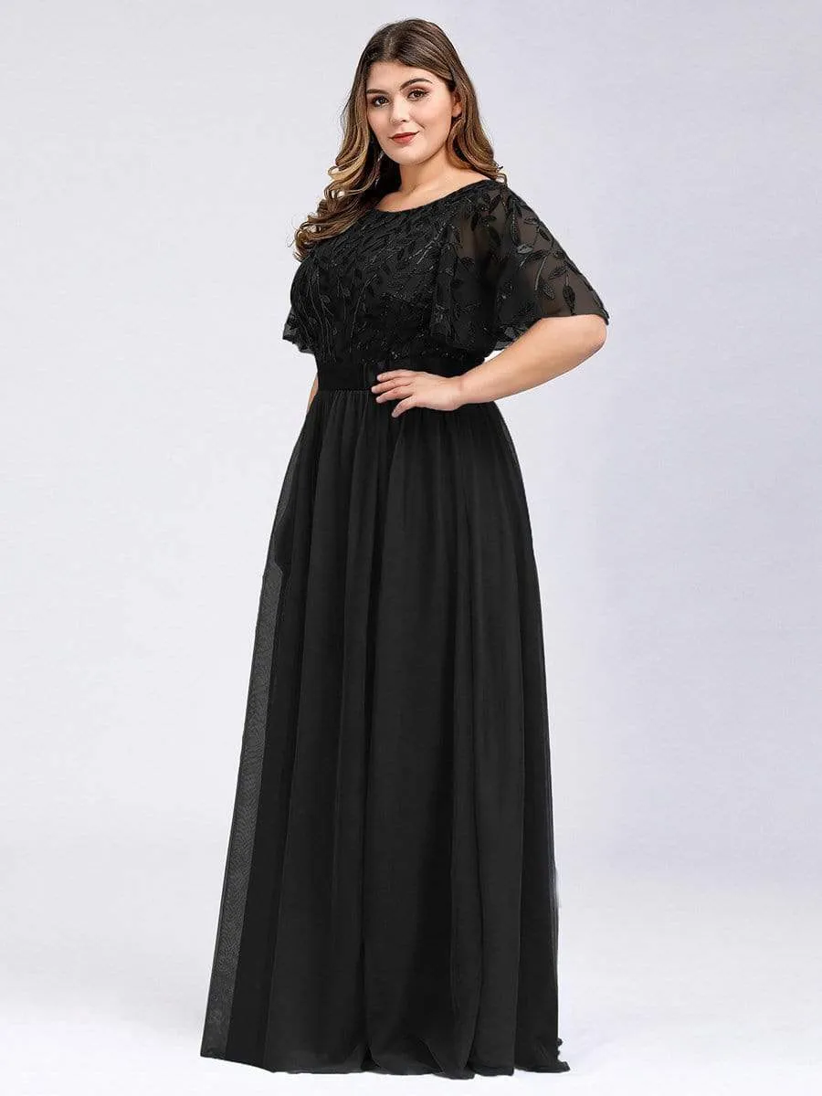 Plus Size Women's Embroidery Evening Dresses with Short Sleeve