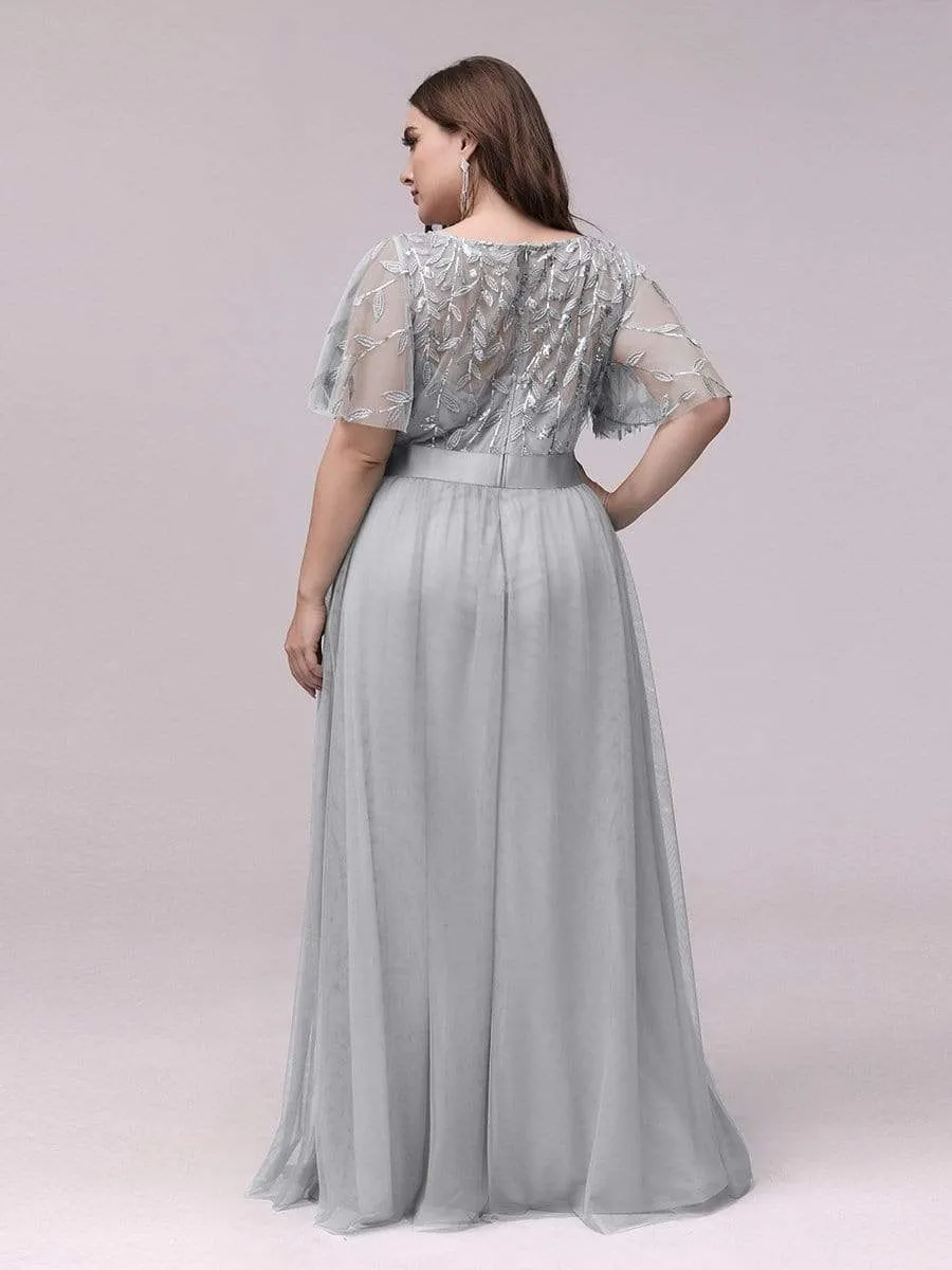 Plus Size Women's Embroidery Evening Dresses with Short Sleeve