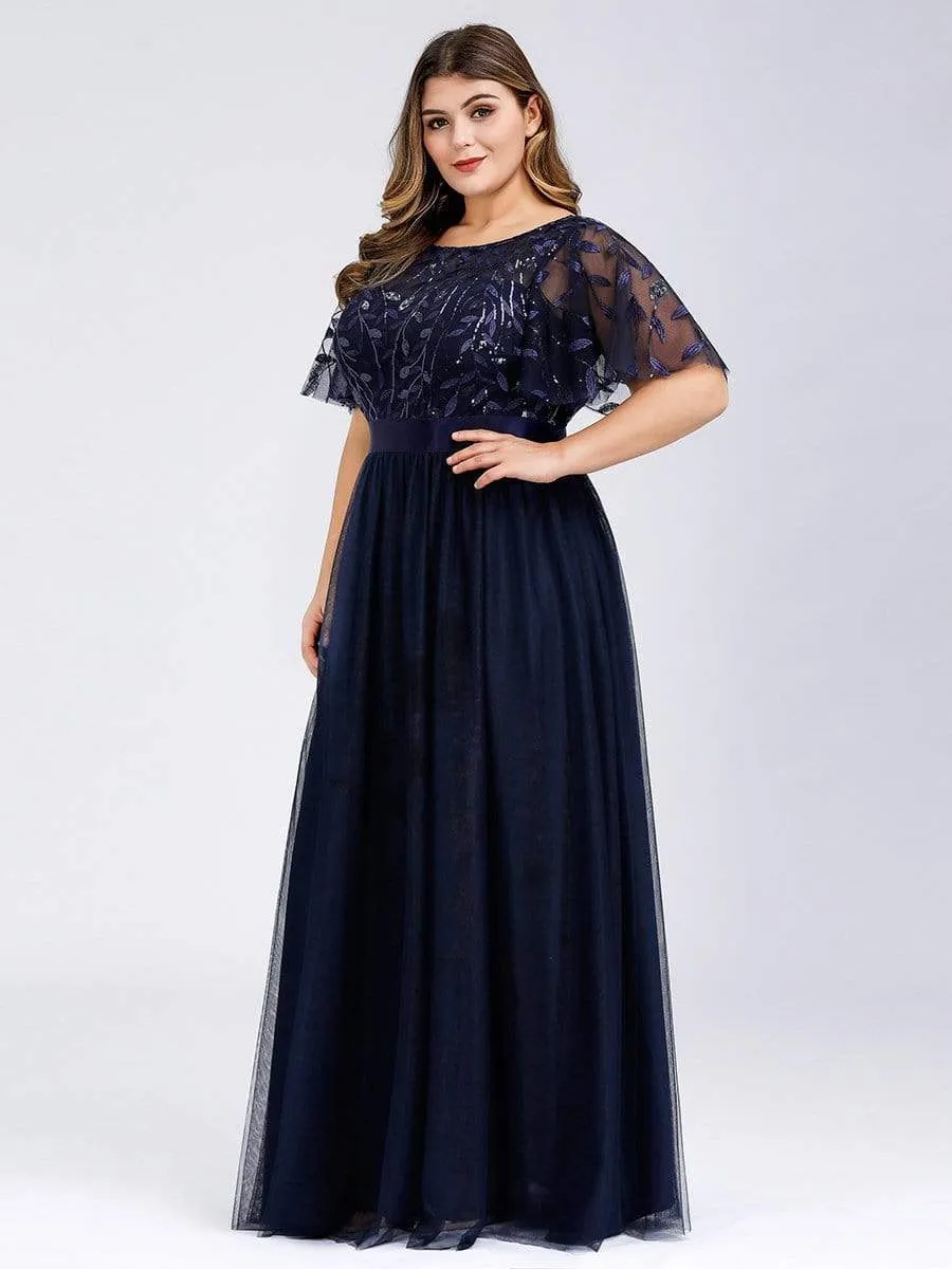 Plus Size Women's Embroidery Evening Dresses with Short Sleeve