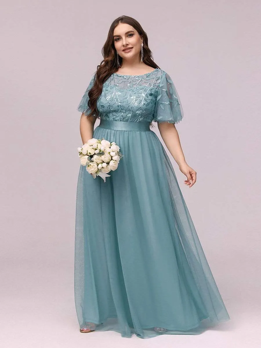 Plus Size Women's Embroidery Evening Dresses with Short Sleeve