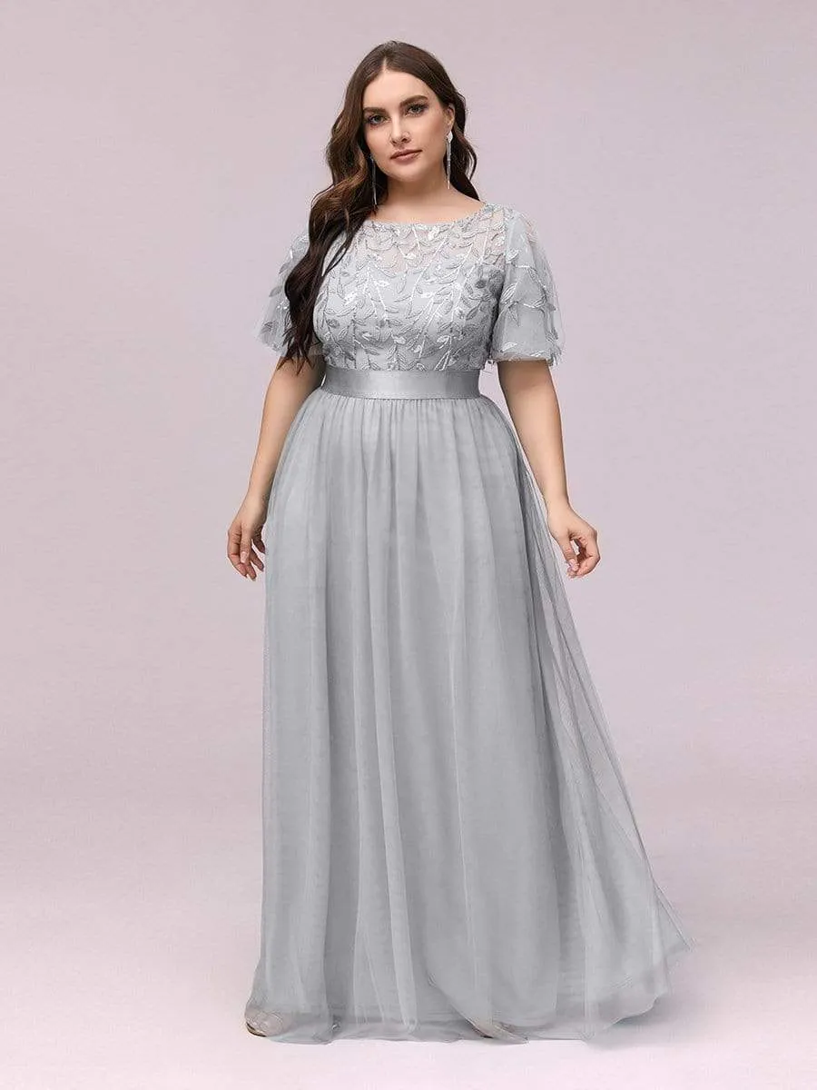 Plus Size Women's Embroidery Evening Dresses with Short Sleeve