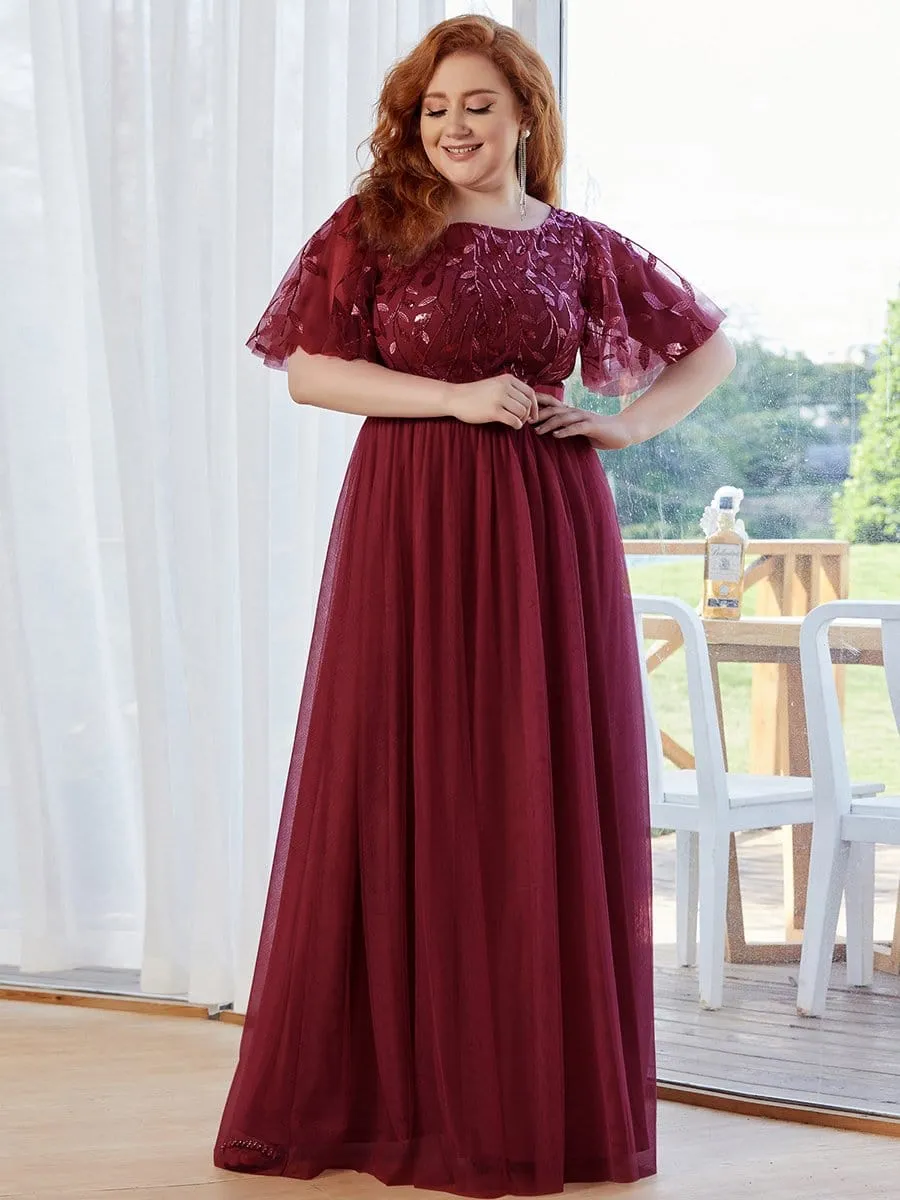 Plus Size Women's Embroidery Evening Dresses with Short Sleeve