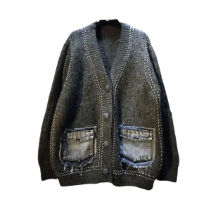 Pre Order:  Denim Pocket Overstitch Knit Cardigan