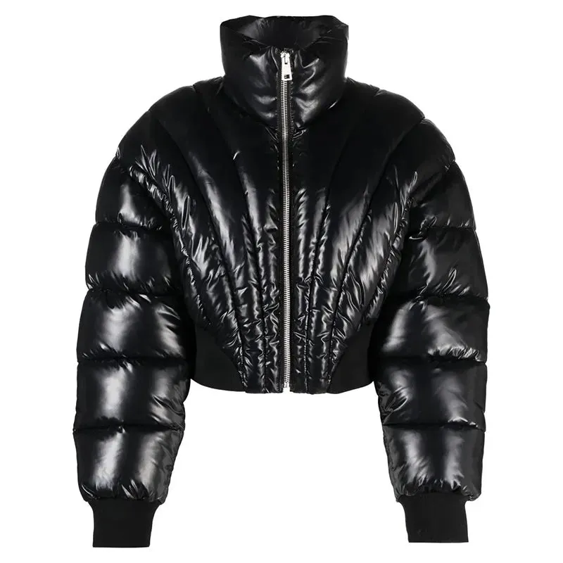 Pre Order:  Glossy Stand Collar Zip-Up Bubble Jacket