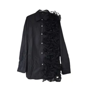 Pre Order:  Patchwork Mesh Ruffled Edge Long Sleeve Blouse