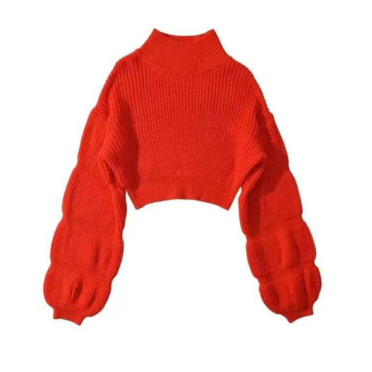 Pre Order:  Turtleneck Puff Sleeves Cropped Sweater