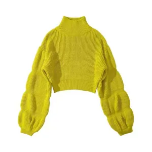 Pre Order:  Turtleneck Puff Sleeves Cropped Sweater