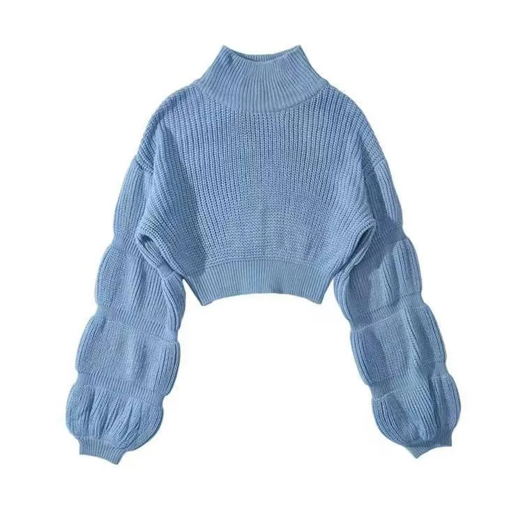 Pre Order:  Turtleneck Puff Sleeves Cropped Sweater