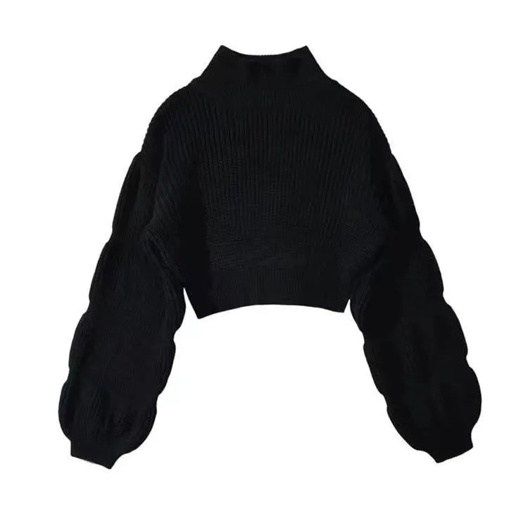 Pre Order:  Turtleneck Puff Sleeves Cropped Sweater