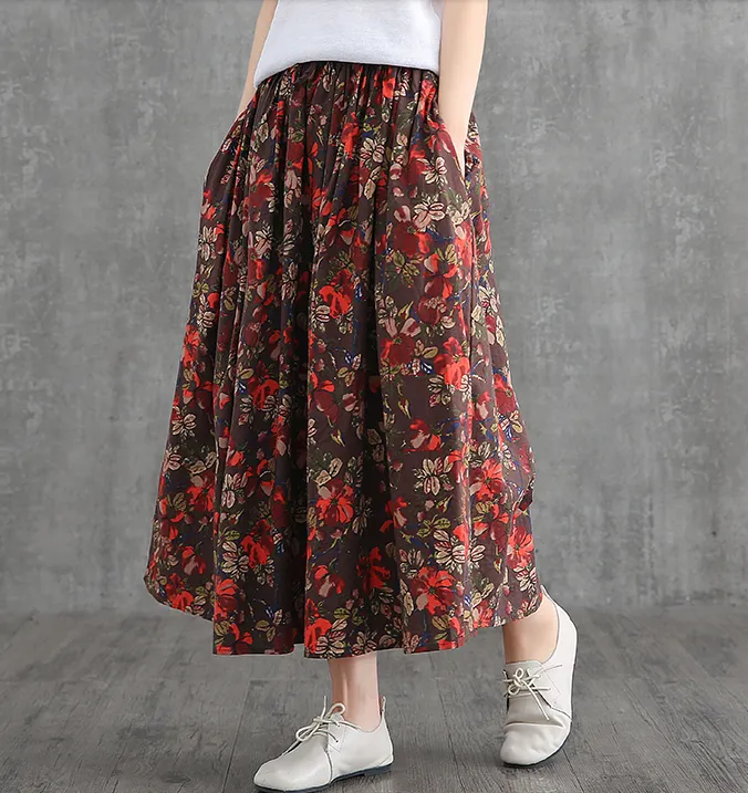 Print Casual Cotton Linen loose fitting Women's Skirts DZA2007131