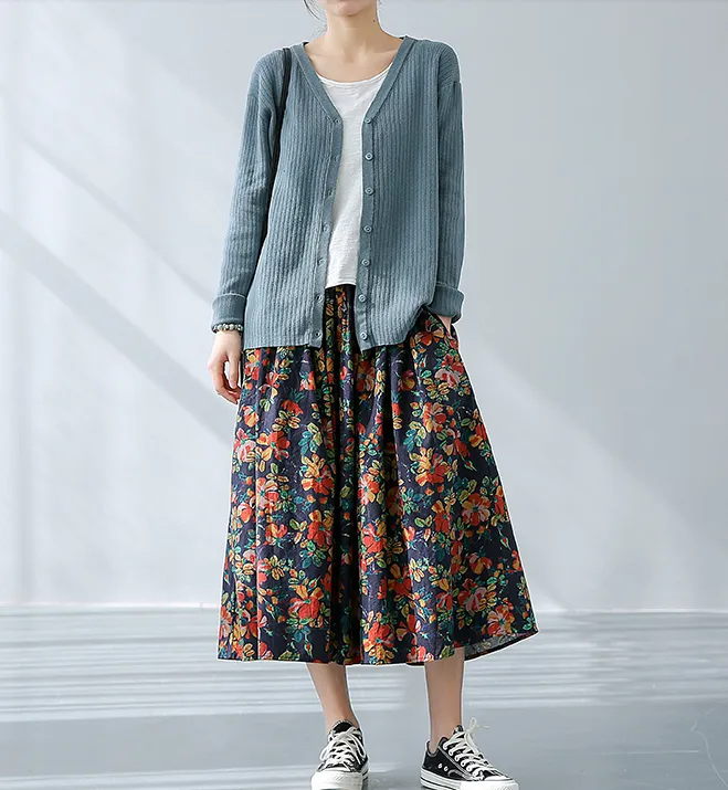 Print Casual Cotton Linen loose fitting Women's Skirts DZA2007131